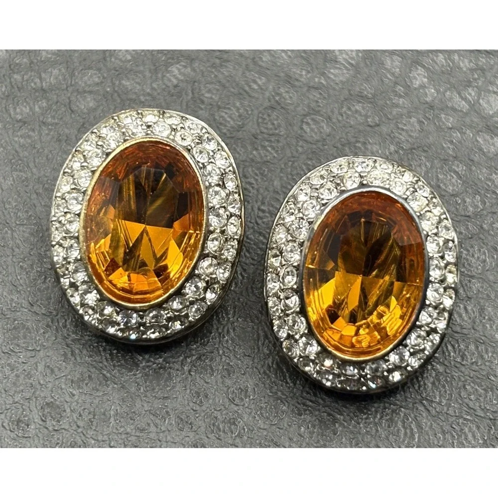 Ultima Edizione HUGE Yellow Stone 925 Sterling Silver Vintage Clip On Earrings
